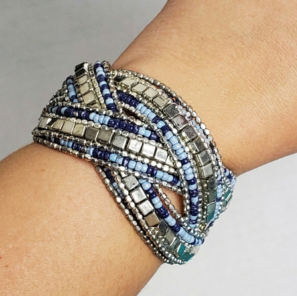 Wide Blue Silver Tone Bead Braided Cuff Bracelet